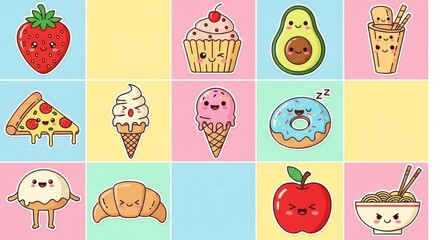Cute cartoon food stickers arranged on pastel color blocks