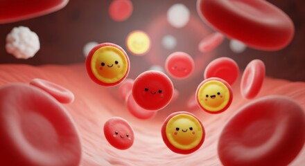Cute cartoon red blood cells and cholesterol with smiling faces