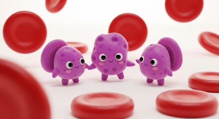Cute purple monsters holding hands surrounded by red blood cells