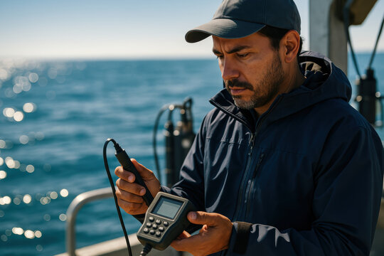 Man using digital measuring device on research boat, marine technician analyzing ocean water data with handheld scientific instrument - Powered by Adobe