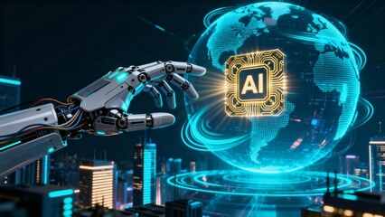 Robotic hand interacting with AI chip against a digital globe and futuristic cityscape