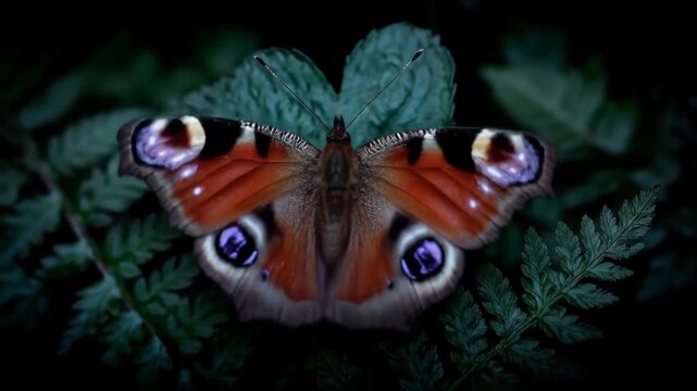 Butterfly with intricate wing patterns resting on green leaves
