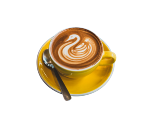 Overhead view of a latte with swan art on a yellow saucer and spoon isolated on transparent background