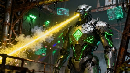 A futuristic robotic entity emits a powerful yellow laser beam in an industrial setting with glowing green interfaces and mechanical structures.