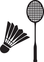 Black and White Badminton Racket and Shuttlecock Silhouette Vector Illustration