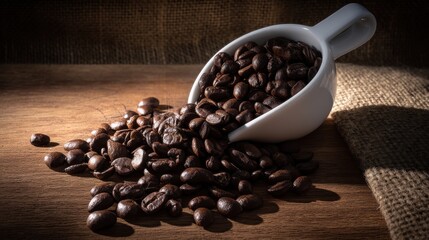 Whole Coffee Beans Spilling from Ceramic Measuring Cup on Walnut Wood for Artisan Roasting, Morning Rituals, Specialty Beverage, Premium Packaging, and Café Branding Concepts

