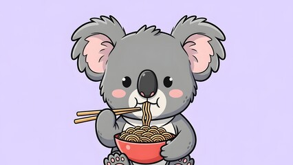 Cute cartoon baby koala character eating noodles, isolated image vector illustration