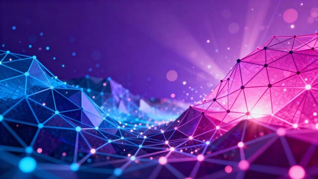 Abstract digital landscape with glowing polygonal networks and vibrant colors - Powered by Adobe