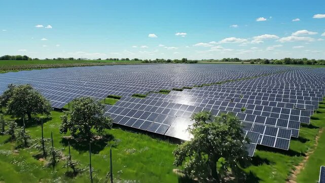 Aerial view of solar panel farm with blooming fruit trees and wildflowers, Agrivoltaics
