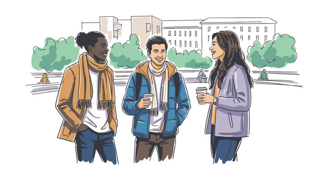 Three diverse students, warmly dressed, enjoy a friendly outdoor conversation with coffee cups on a college campus, embodying campus life and social connection.