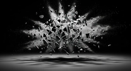 Dramatic black and white depiction of an object shattering, with light and dust