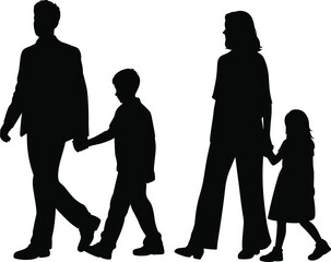 Silhouette of family walking together holding hands, parents with children, family unity, love, parenting concept, lifestyle illustration, togetherness, happiness.