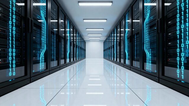 Modern data center with rows of server racks illuminated by blue binary code displays - Powered by Adobe