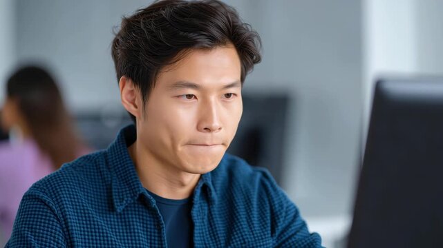 Focused Asian man adult male engineer developer programmer coding computer modern workspace, professional office technology scene with calm mood and productivity vibe, concentrated software work