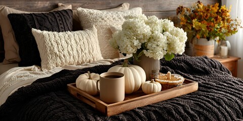 Autumnal bedroom decor features white pumpkins, warm beverage, and flowers arranged on a wooden tray with textured pillows on a cozy bedspread.