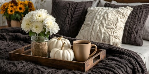 A cozy autumn scene features white pumpkins, flowers, and coffee on a wooden tray in a warm bedroom setting with knit pillows d?cor.