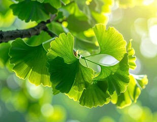 Vibrant green ginkgo biloba leaves illuminated by bright sunlight, showcasing their unique fan shape and fresh spring growth in a natural outdoor setting.