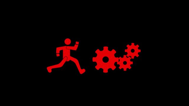 Red running stick figure with gears on a black background runner person