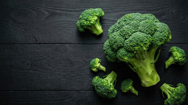 Fresh green broccoli florets and head on dark wooden surface, healthy vegetable close-up