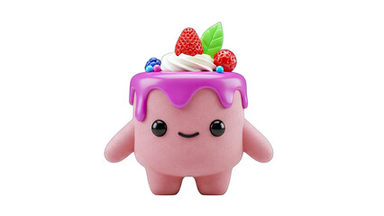 Cute Cake Character with Berries and Cream on White