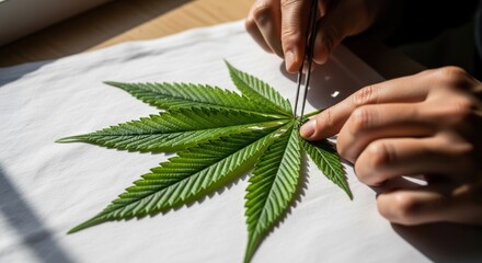 Hands using tweezers to inspect a vibrant green, serrated cannabis leaf on white paper