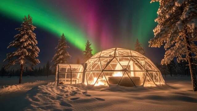 Illuminated geodesic dome and adjacent structure under vibrant northern lights display - Powered by Adobe