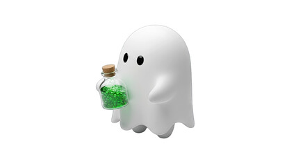 Cute Ghost Holding Potion Bottle on White Background