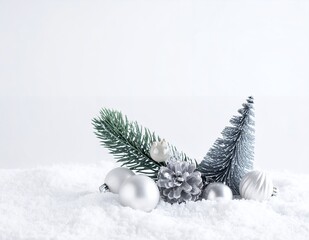 Winter Wonderland - Festive Silver Ornaments and Pine Branches on Snow.