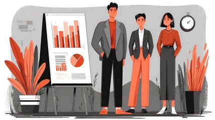 Three business colleagues standing by graphs and charts presentation board ready to analyze performance in the modern minimalist office space.