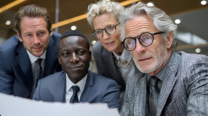 Diverse business team of four professionals collaborate intently while reviewing important documents in a modern office environment carefully.