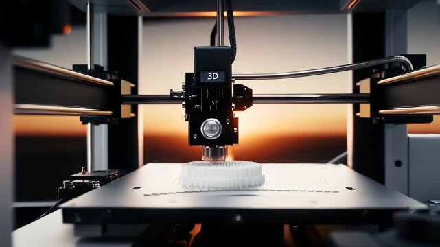 A 3D printer carefully constructs a detailed object as the warm sunset light fills the background. The 3D printer showcases advanced technology in a creative production environment