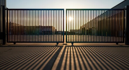 Metal gate casts strong, striped shadows with the sun glaring brightly behind its vertical bars