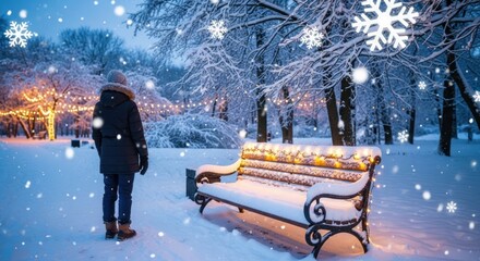 Person in winter park with snowy bench, festive lights, and falling snowflakes