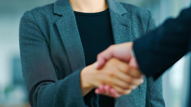 Business handshake agreement partnership corporate office work people woman trust building success meeting and negotiation, confident professional businesswoman closeup handshake during job interview