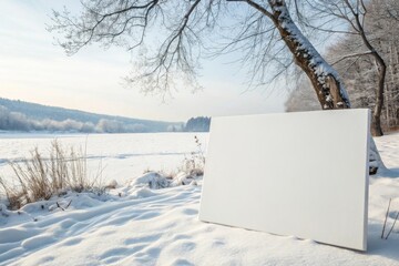 Blank white canvas standing in snowy winter landscape scene