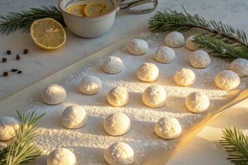 Buttery snowball cookies arranged on a table with lemon slices