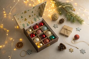 Box of Christmas Ornaments with Lid Open Displaying Variety