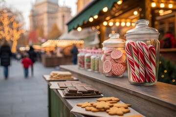 Candy Canes and Gingerbread Cookies Displayed at a Festive Market