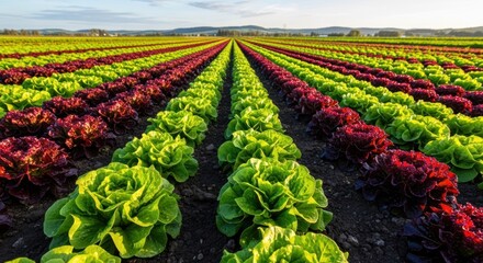Rows of vibrant green and red lettuce fields stretching toward the horizon under a clear sky