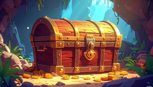Cartoon treasure chest, banded in gold, sits in a cave littered with gold coins bathed in soft light
