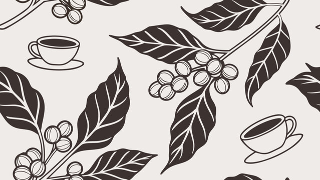 Seamless Coffee Pattern with Branches, Beans, Leaves, and Cups