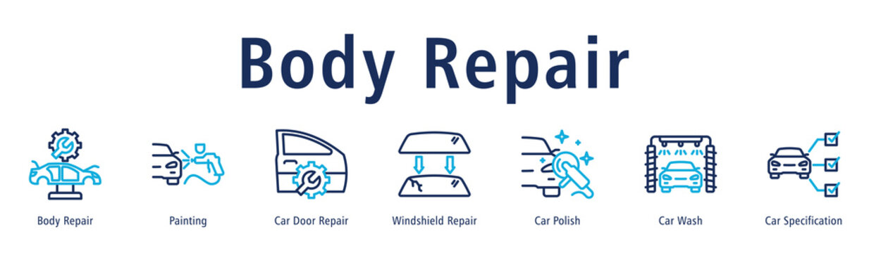 Body Repair web banner icon vector illustration with icons of Body Repair, Painting, Car Door Repair, Windshield Repair, Car Polish, Car Wash and Car Specification.