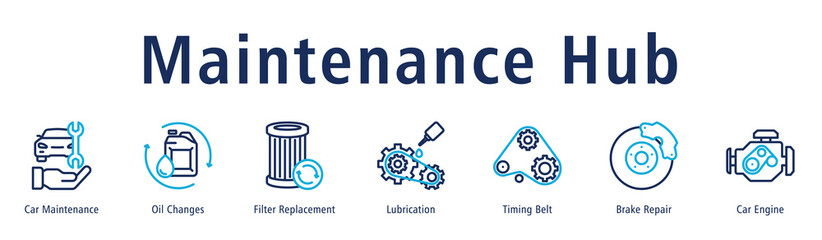 Fototapeta premium Maintenance Hub web banner icon vector illustration with icons of Car Maintenance, Oil Changes, Filter Replacement, Lubrication, Timing Belt, Brake Repair and Car Engine.