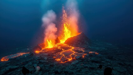 Underwater volcano erupting, fiery orange lava flows down its sides, water glows