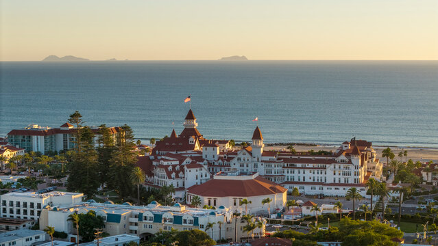 The Hotel del Coronado in San Diego, California, drone photo. 
