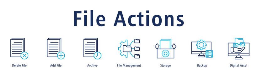 File Actions web banner icon vector illustration with icons of Delete File, Add File, Archive, File Management, Storage, Backup and Digital Asset.