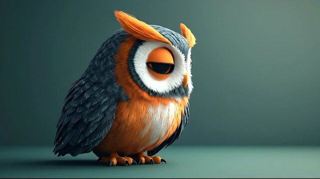 Colorful cartoon owl with exaggerated features perched on a surface, showcasing vibrant plumage