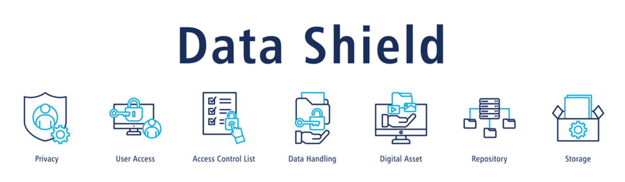 Data Shield web banner icon vector illustration with icons of Privacy, User Access, Access Control List, Data Handling, Digital Asset, Repository and Storage.