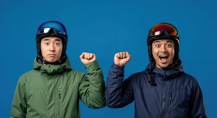 Two young Asian men in ski gear showing contrasting emotions, one surprised and one excited, with raised fists on a blue background