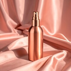 Naklejka premium Bronze bottle center on draped peach fabric with sunlight shadows